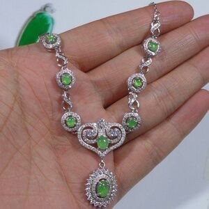 Cert'd Fine Natural A Icy Emerald Jadeite Jade Oval Cabochon S925 Necklace